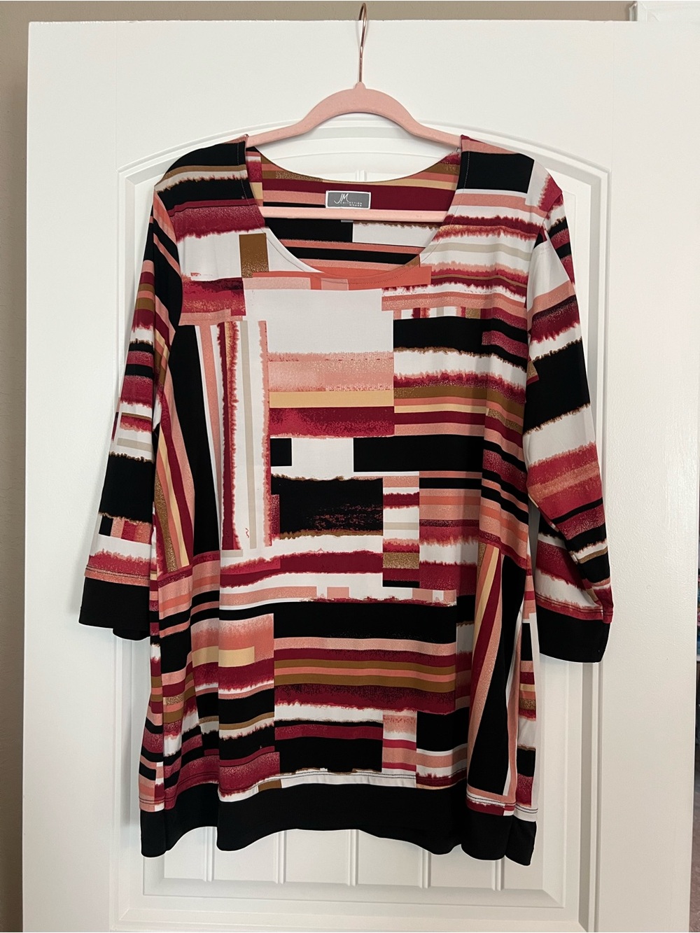 JM Collection Multi-Stripe Scoop Neck Top - Red, Black, Cream